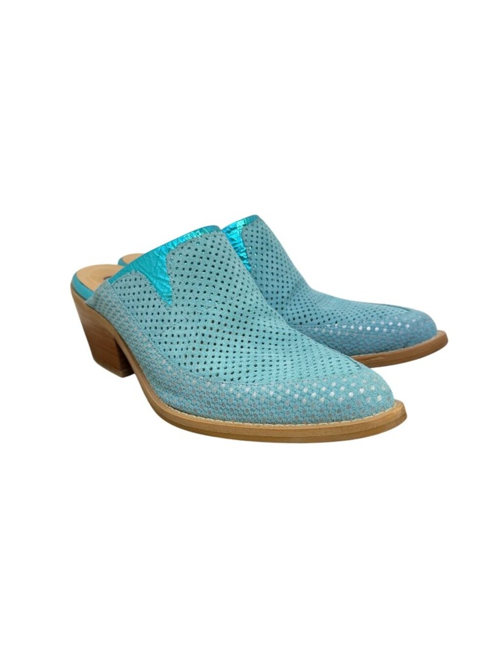 Turquoise Perforated Leather Mules With Wooden Heels Size 7.5